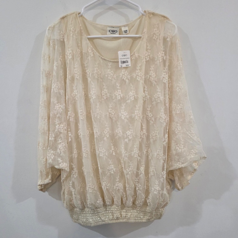 Womens Floral Lace Top Size 14/16W Cream Dolman Sleeve Smocked Hem Ivory Ren
